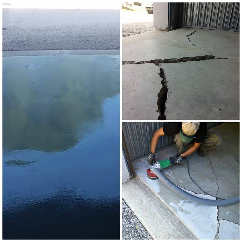 Image of a large concrete crack being repaired by a professional team, with the use of specialized tools and materials to fill and seal the damaged area.