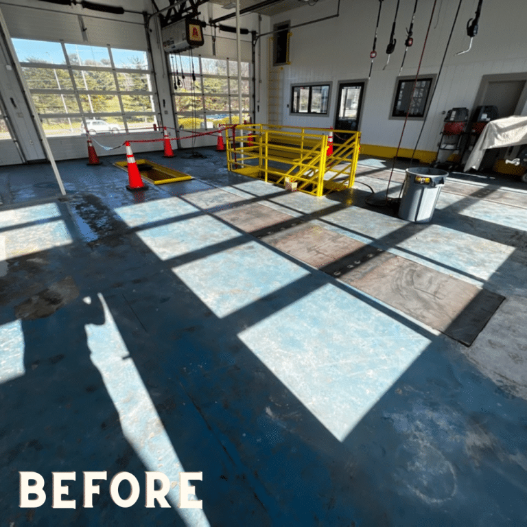 A photo of a commercial floor before the application of a resinous epoxy coating. The floor appears to be concrete and is dull in appearance with visible cracks and imperfections.