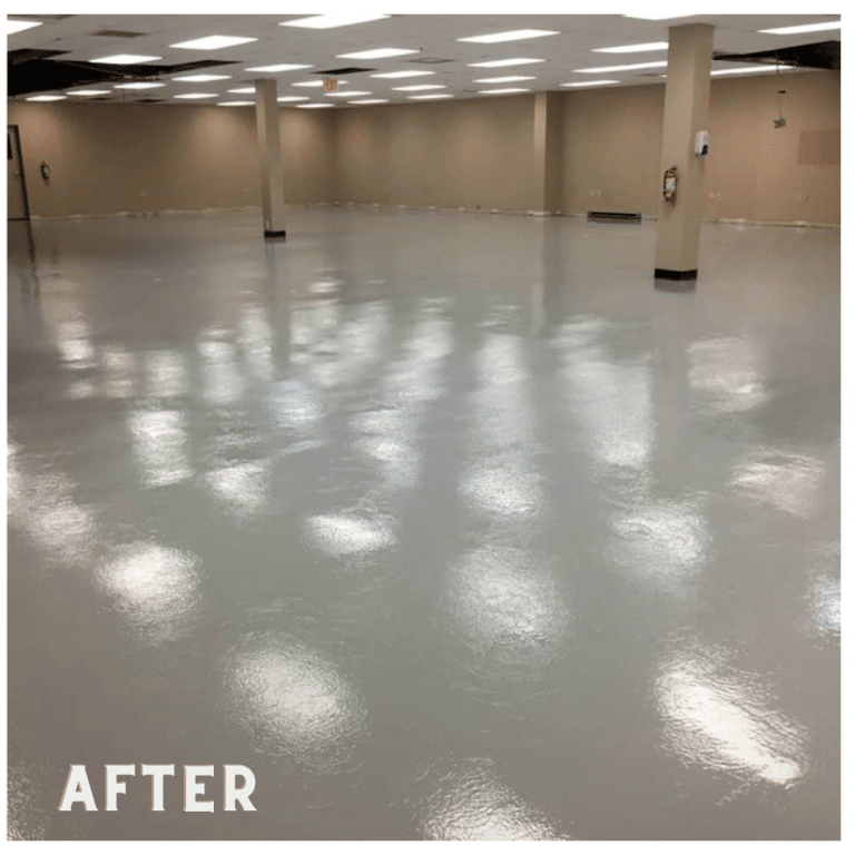 Industrial Poly Floor with a smooth and glossy surface in shades of gray. The flooring is highly durable and ideal for commercial and industrial settings, providing a polished and finished look to the space.
