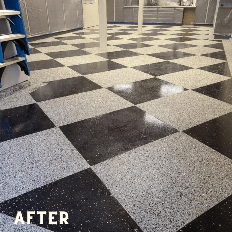 Graniflex Epoxy Flake Flooring in a commercial space with a seamless, speckled surface in shades of gray and white. The flakes add texture and dimension to the floor, creating a modern and durable finish.